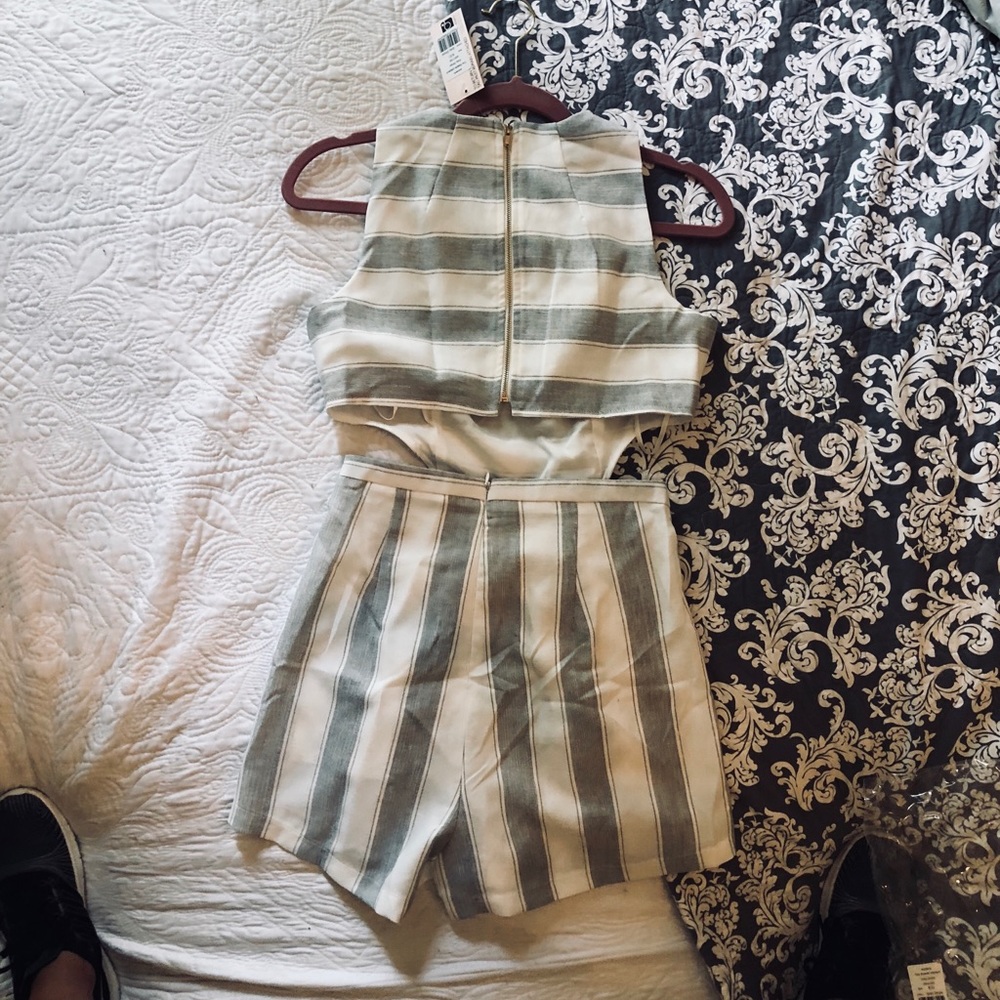 Grey and white striped romper